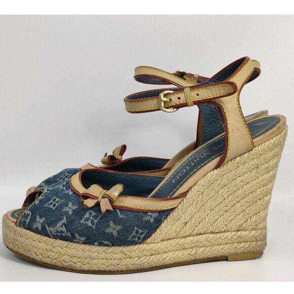 Louis Vuitton Denim Monogram Wedge Espadrilles with Bow - Size 38 - Picture 2 of 10